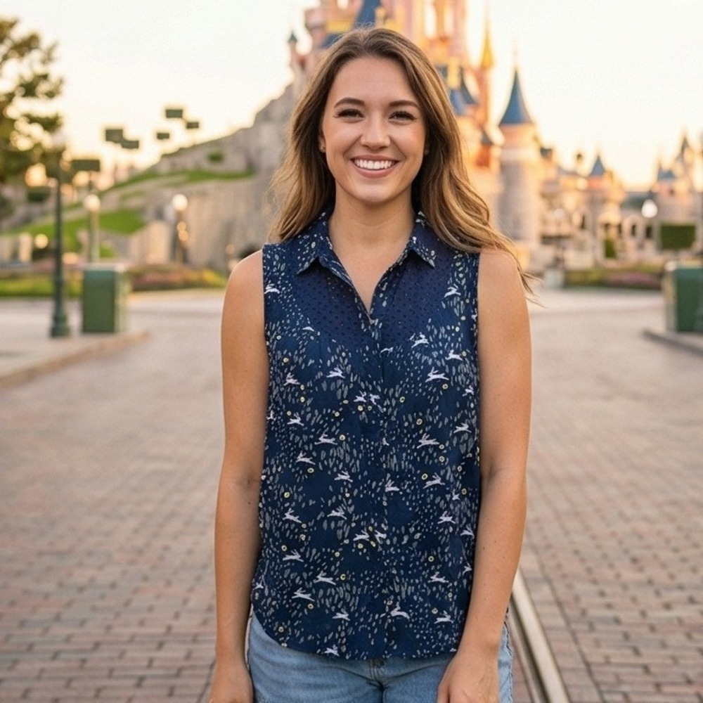 Disney x Lauren Conrad M Womens Sleeveless Button Up Top Rabbit Print Navy Blue